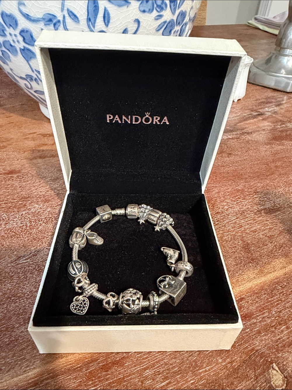 Pandora Silver Tone Charm Bracelet with Multiple Sterling Charms